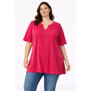 Catherines Womens 1X Hot Pink Short Sleeve Tunic Top Crochet Neck